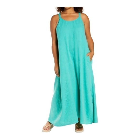 CASLON TEXTURED COTTON SLEEVELESS MAXI DRESS IN GREEN MARINE - Picture 1 of 14